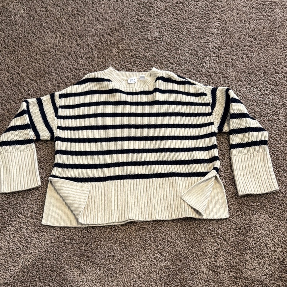 GAP Black and Cream Crew Neck Sweater with Nautical Stripes